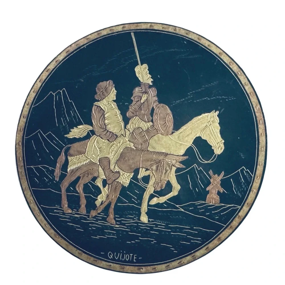 Vintage Don Quijote Sancho Panza Etched footed sm dish Spanish Decor Round 4.5